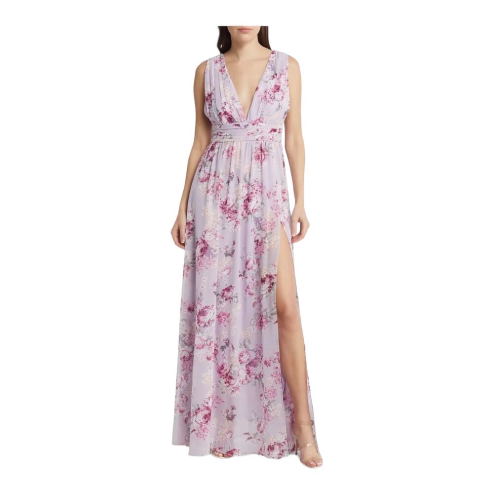 LuLus Dress Garden Meandering Floral Chiffon gown purple X-Small XS